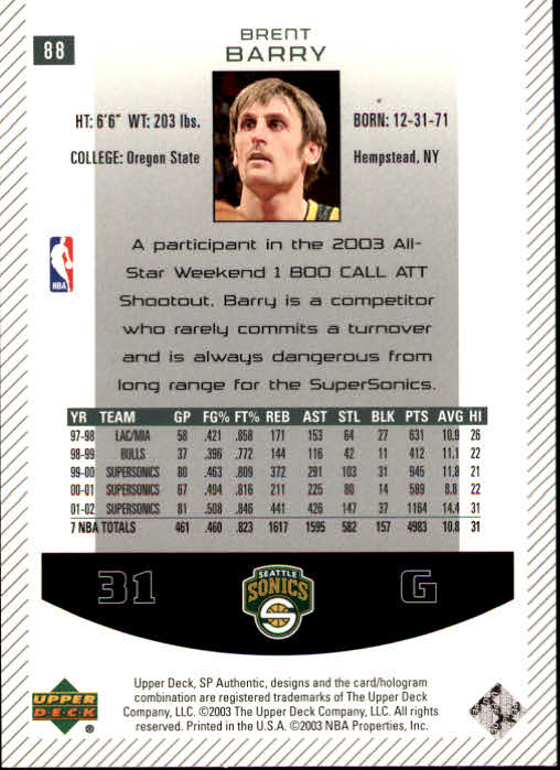 2002/2003 SP Authentic (Upper Deck) Basketball - Picture 133 of 307