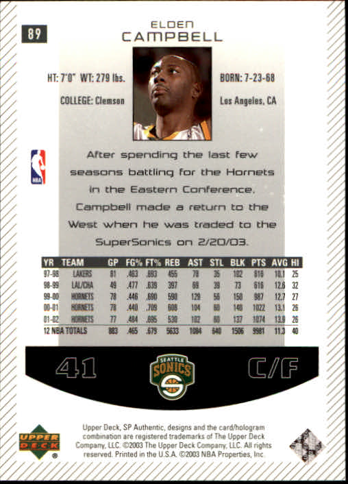 2002/2003 SP Authentic (Upper Deck) Basketball - Picture 131 of 307