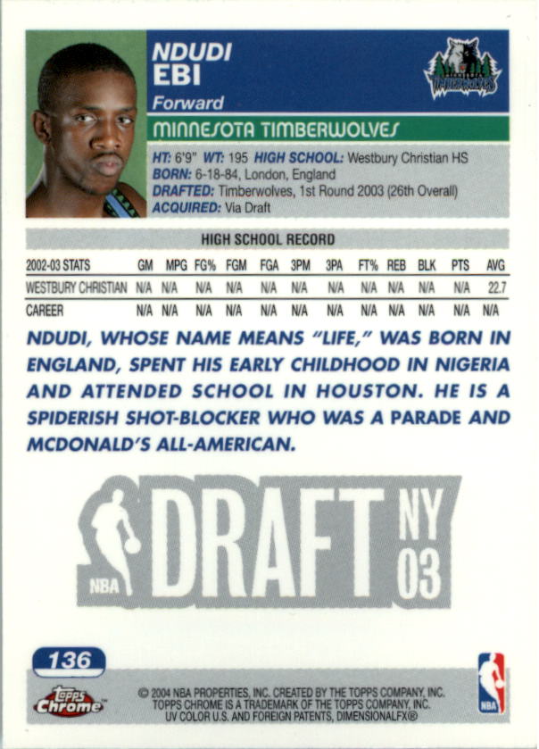 2003/2004 Topps Chrome Basketball Part 1 Main Set Cards - Picture 103 of 141