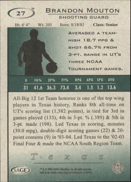 2004 Sage HIT Basketball "Main Set" Base Cards #1 to #50 - Picture 55 of 101