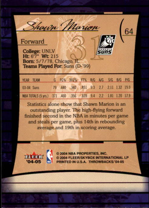 2004/2005 Throwbacks (Fleer) Basketball Part 1 Main Set Cards #1 to #65 - Picture 127 of 129