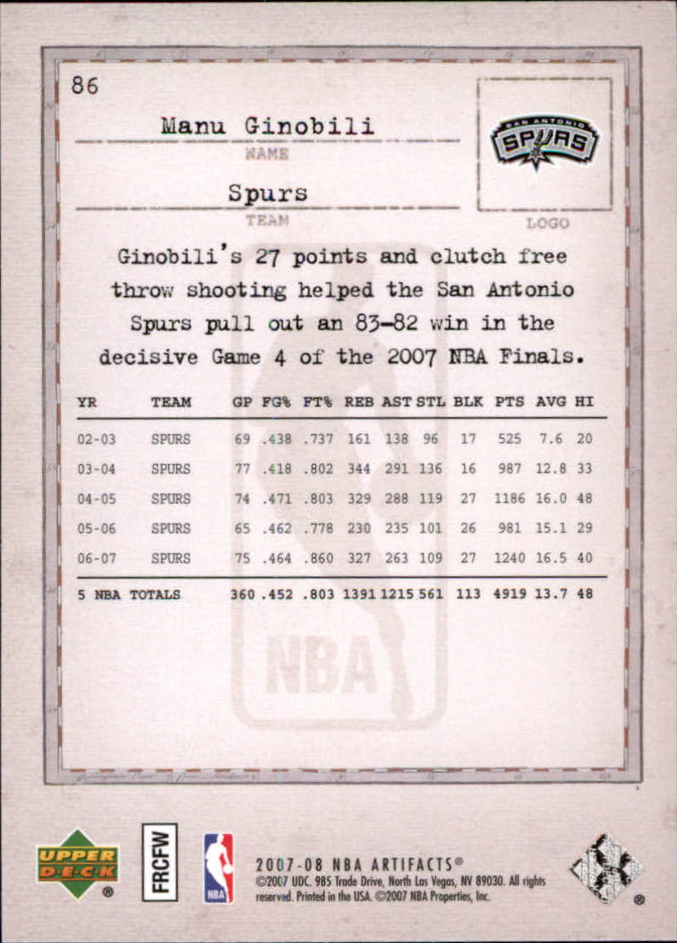 2007/2008 Artifacts (Upper Deck) Basketball - Picture 63 of 108