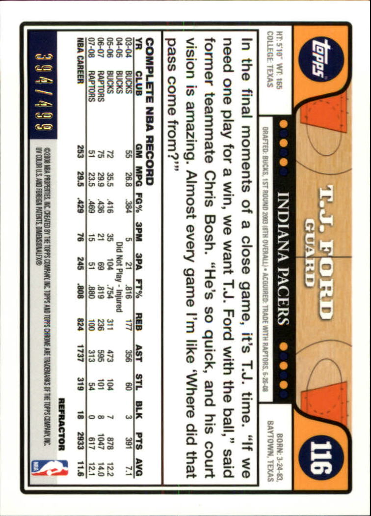 2008/2009 tarjetas paralelas refractoras de baloncesto cromadas parte 2 Topps - Imagen 179 de 255