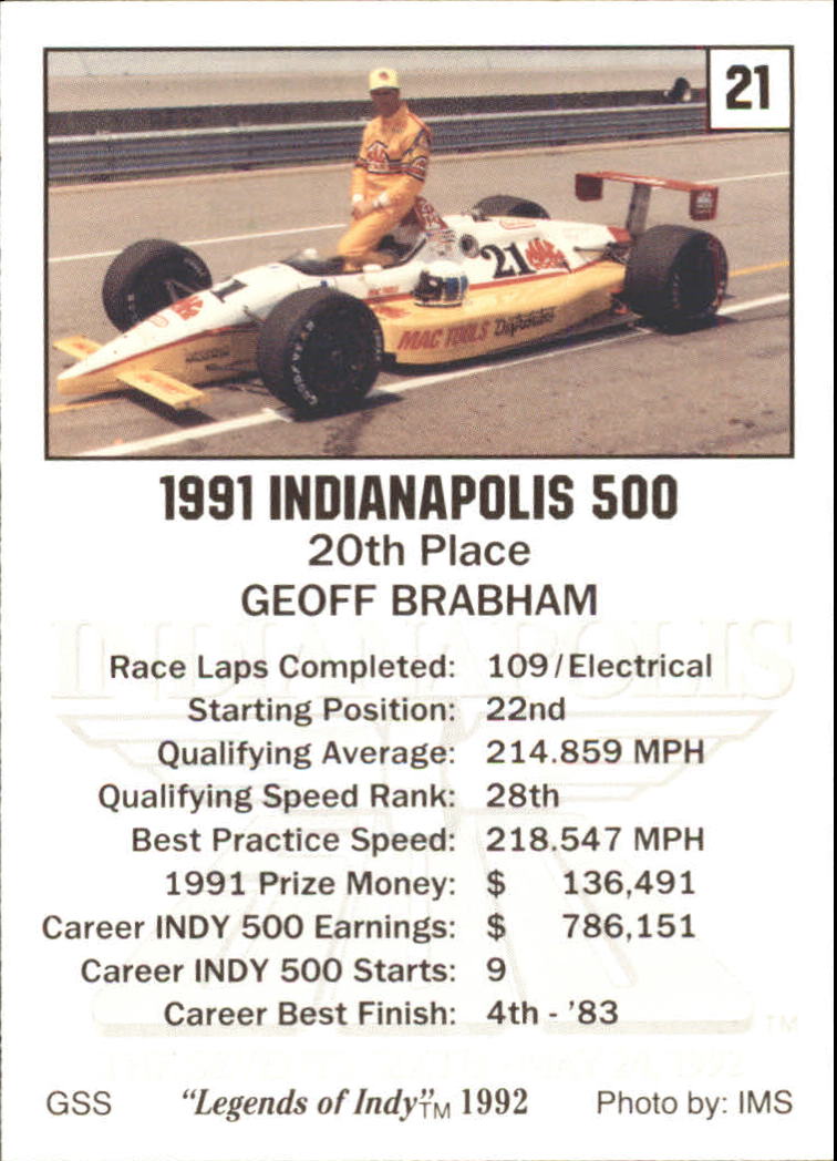1992 Legends of the Indy 500 Racing Trading Card 1100 Choose Your Card eBay
