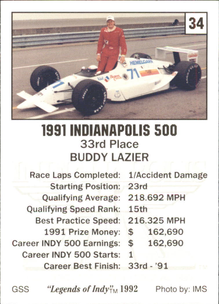 1992 Legends of the Indy 500 Racing Trading Card 1100 Choose Your Card eBay