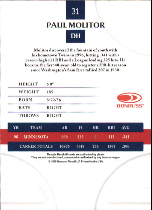 2008 Donruss Threads Baseball "Main Set" Cards #1 to #148 - Picture 61 of 196