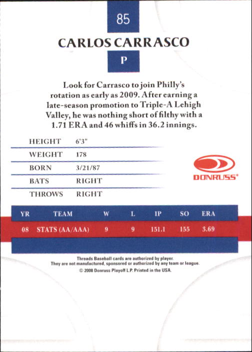 2008 Donruss Threads Baseball "Main Set" Cards #1 to #148 - Picture 164 of 196