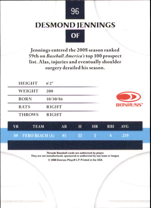 2008 Donruss Threads Baseball "Main Set" Cards #1 to #148 - Picture 186 of 196