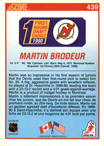 MARTIN BRODEUR 1993-94 TOPPS CARD MINT CONDITION NEW JERSEY DEVILS