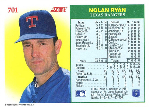 Quick Look: 1991 Score Nolan Ryan No-Hit Club #701 Variations