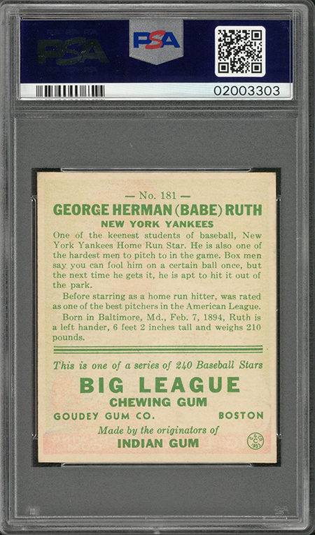 Gem 10 Babe Ruth Promotional Baseball Card Auction