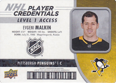 2018-19 Upper Deck MVP Hockey NHL Player Credentials Level 1 Access Evgeni Malkin