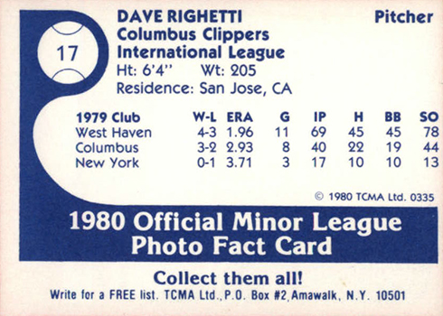 1980 Columbus Clippers TCMA Dave Righetti Reverse