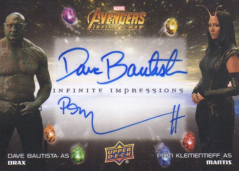 2018 Upper Deck Avengers Infinity War Infinite Impressions Dual Dave Bautista Pom Klemmentieff