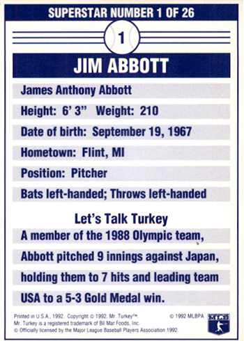 1992 Mr Turkey Superstars 1 Jim Abbott Reverse