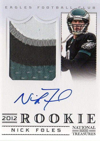 Nick Foles player worn jersey patch football card (Philadelphia Eagles)  2012 Topps Rookie #RJRNF