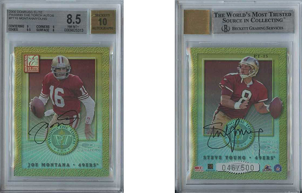 Joe Montana & Steve Young Dual Patch Auto 4/4 Pulled in Leaf in the Ga