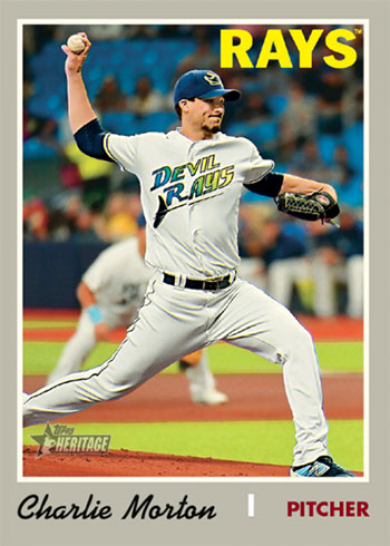 Charlie Morton player worn jersey patch baseball card (Tampa Bay Rays) 2020  Topps Heritage Clubhouse Collection #CCRCM