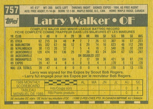 1990 Topps Larry Walker Montreal Expos #757 Baseball Card