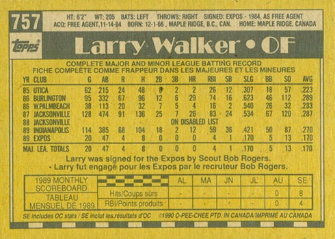 1990 Topps Larry Walker Montreal Expos #757.