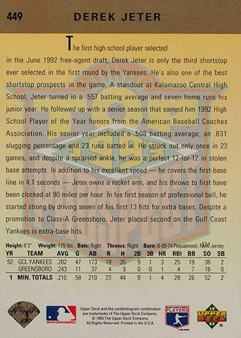  1993 Upper Deck #449 Derek Jeter New York Yankees RC