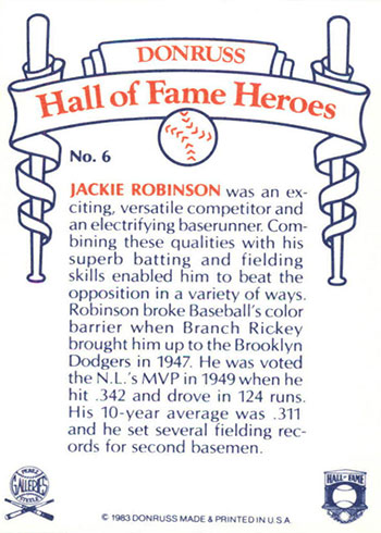 1983 Donruss Hall of Fame Heroes Jackie Robinson #6 - Baseball Card at  's Sports Collectibles Store