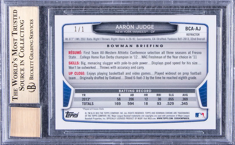 Aaron Judge 2013 Bowman Sterling Baseball Rookie Autograph Card BGS 9.5 (B)