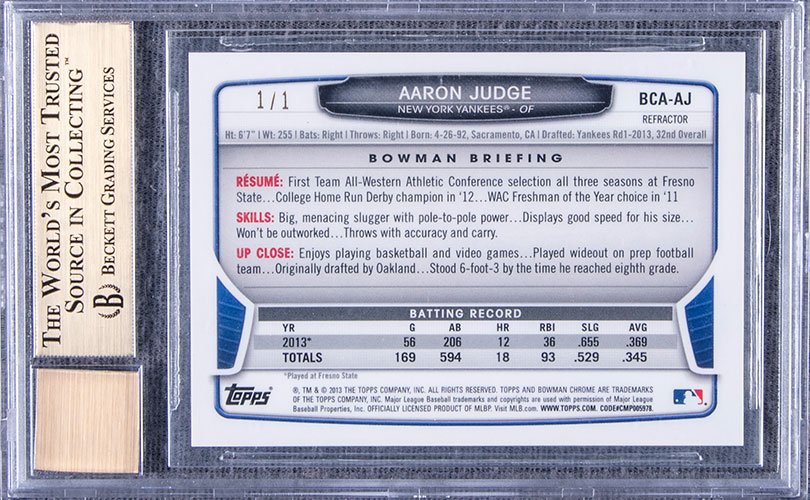 Aaron Judge New York Yankees Autographed 2013 Bowman Draft Picks and  Prospects MLB Chrome #BDPP19 Beckett Fanatics Witnessed Authenticated 10  Card