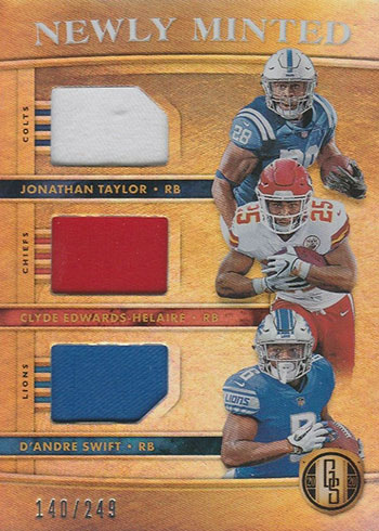 2020 Panini Gold Standard Newly Minted Memorabilia Triples #7 Jonathan  Taylor/Jacob Eason/Michael Pittman Jr. - NM-MT