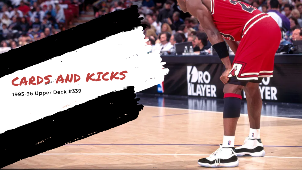 Michael Jordan in pinstriped Bulls jersey and Air Jordan XI Concord