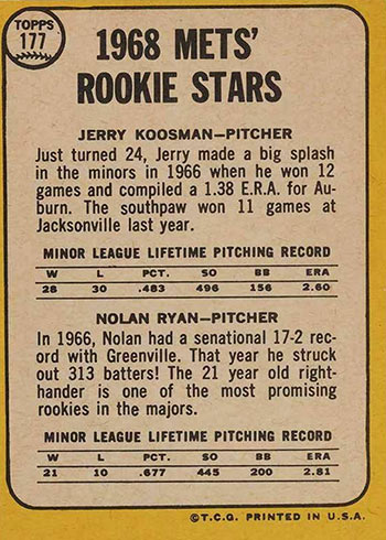 1968 Topps - 1968 Rookie Stars #177 Nolan Ryan, Jerry Koosman (RC)