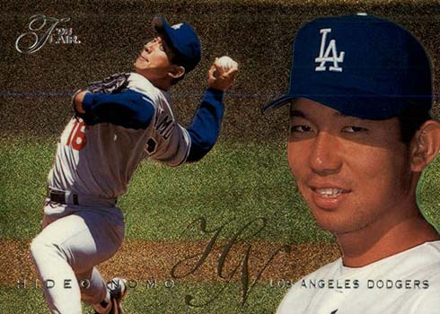 Hideo Nomo baseball card player worn jersey patch (Los Angeles Dodgers)  2003 Fleer Showcase Best #BBHN