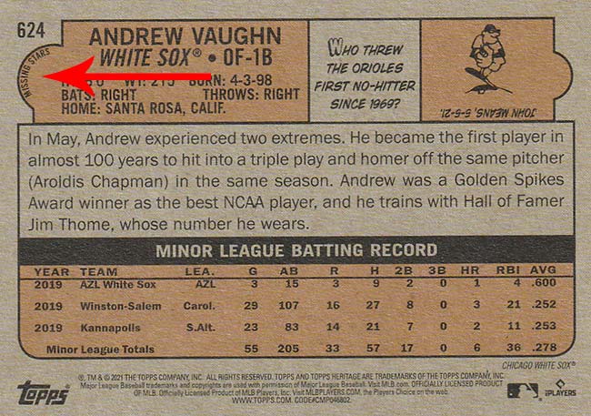 2021 Topps Heritage High Number Baseball Variations Missing Stars Andrew Vaughn Reverse