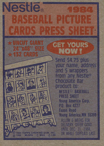 1984 Topps Nestle Baseball Checklist, Details, Promotion History and More