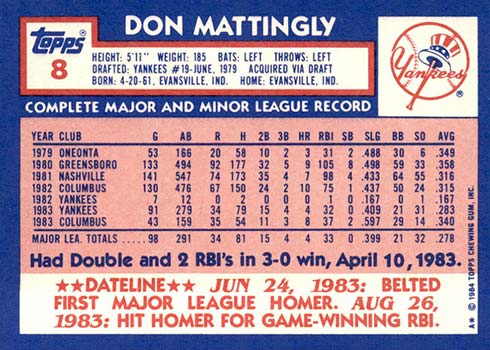 1984 Topps Don Mattingly TIFFANY #8 Baseball Card Yankees Nm - Mint Centered