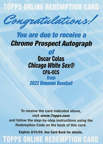 2022 Bowman Chrome Autographs Oscar Colas Redemption