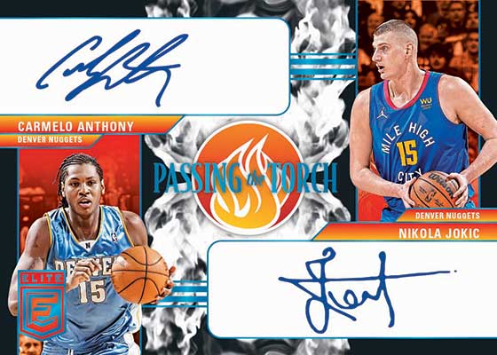 2023-24 Donruss Elite Basketball Passing the Torch Signatures Carmelo Anthony Nikola Jokic