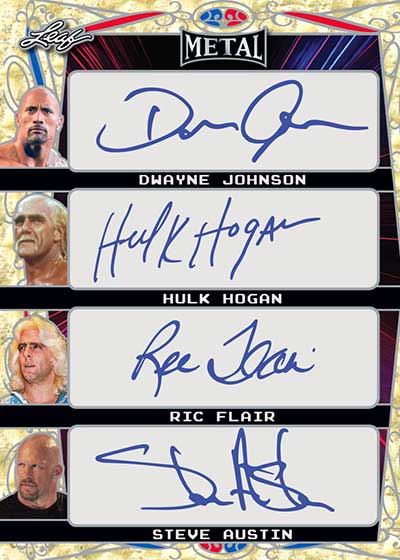 2024 Leaf Metal Legends Wrestling Quad Autographs Dwayne Johnson Hulk Hogan Ric Flair Steve Austin