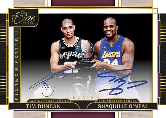 2023-24 Panini One and One Basketball Timeless Moments Dual Autographs Tim Duncan Shaquille O'Neal