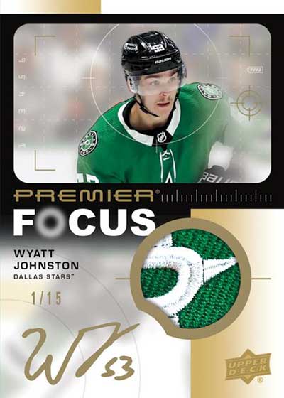 2023-24 Upper Deck Premier Hockey Premier Focus Auto Patch Gold Wyatt Johnson