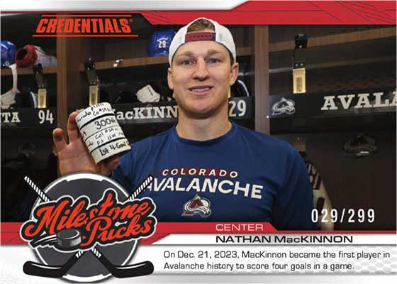 2024-25 Upper Deck Credentials Hockey Milestone Pucks Red Nathan MacKinnon