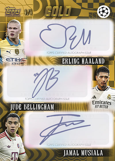 2024-25 Topps Gold UEFA Club Competitions Triple Autograph Erling Haaland Jude Bellingham Jamal Musiala