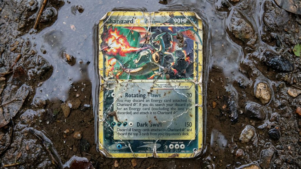 Carte Pokémon extrêmement endommagée avec plis, saleté et dégradation importante